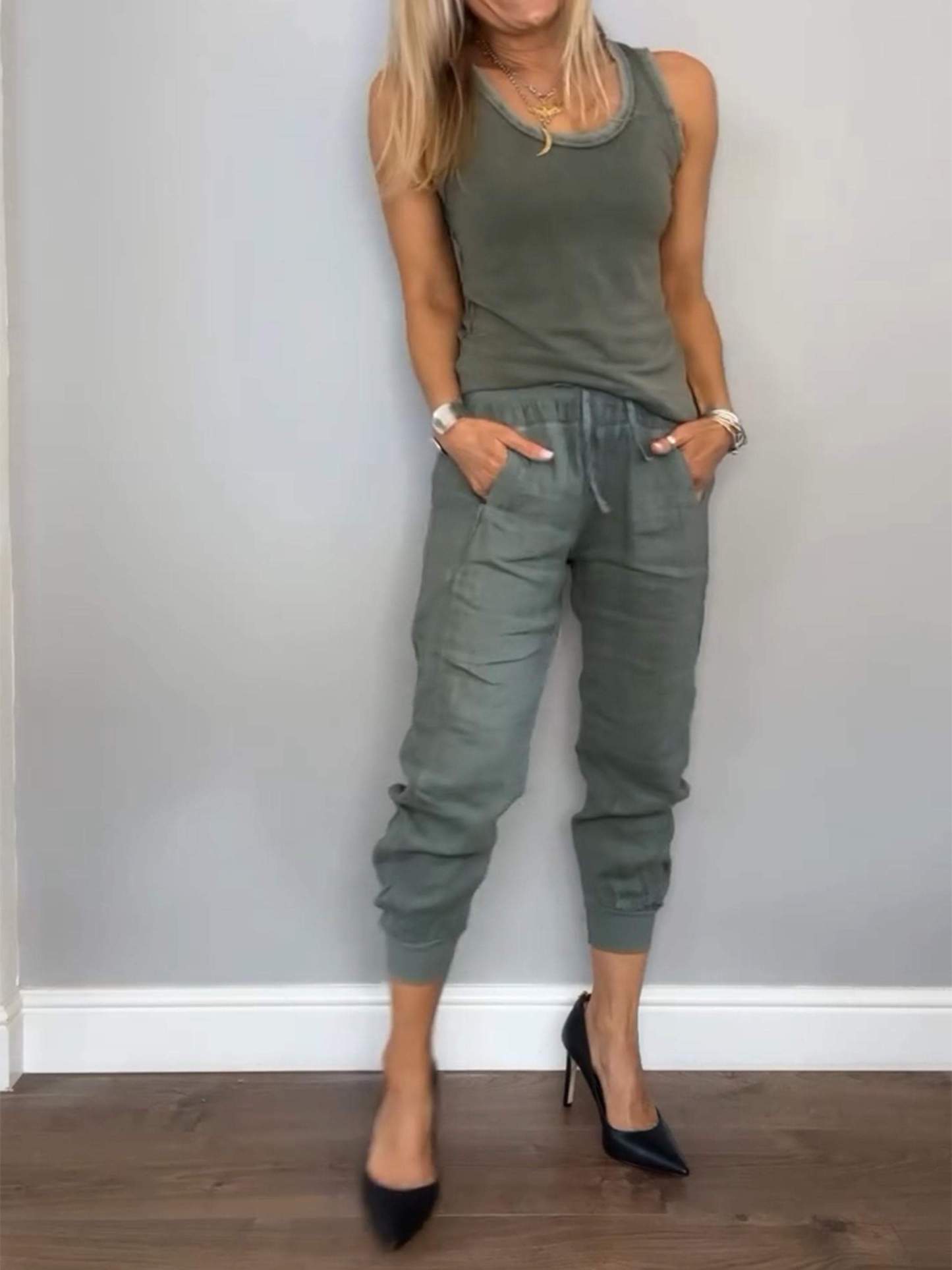 Conjunto Feminino Casual de Algodão e Linho de Duas Peças