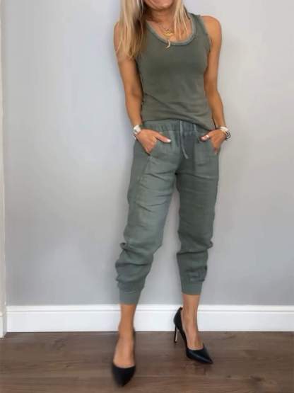 Conjunto Feminino Casual de Algodão e Linho de Duas Peças