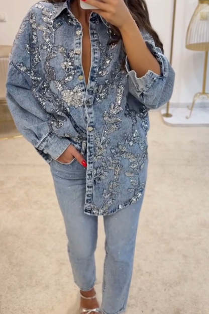 Women's Denim Sequin Embroidered Lapel Top