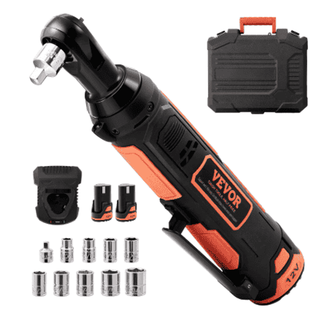 VEVOR 3/8" Cordless Electric Ratchet Wrench Set, 12V 33 Ft-lbs Power Ratchet Tool Kit, 45-Min Fast Charge, 2-Pack 2.0Ah Battery, Built-in LED Light, Variable Speed Trigger, 10 Sockets