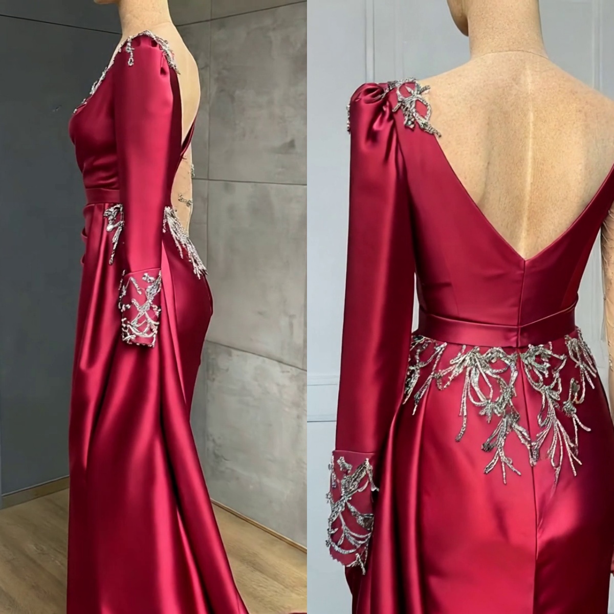 Long Asymmetrical Mermaid Satin Ruffles Prom Dress with Sleeves