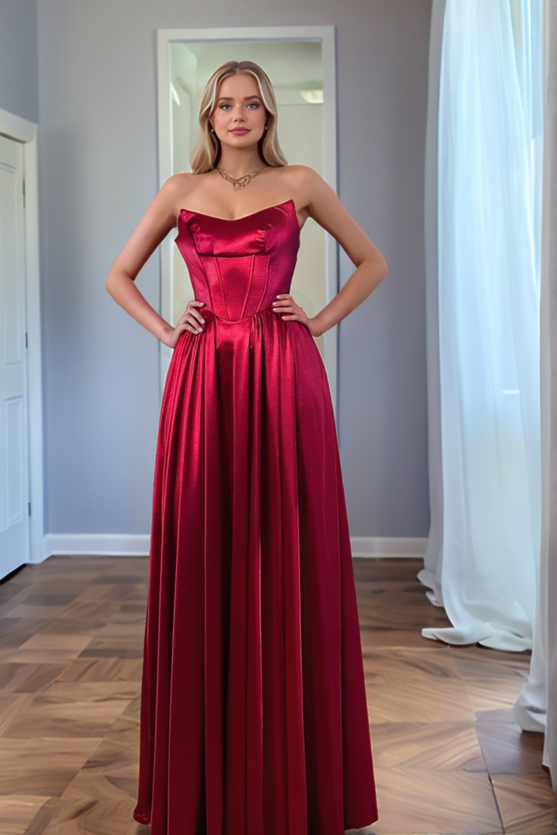 A line Stain Strapless Floor-Length Satin Prom Dresses