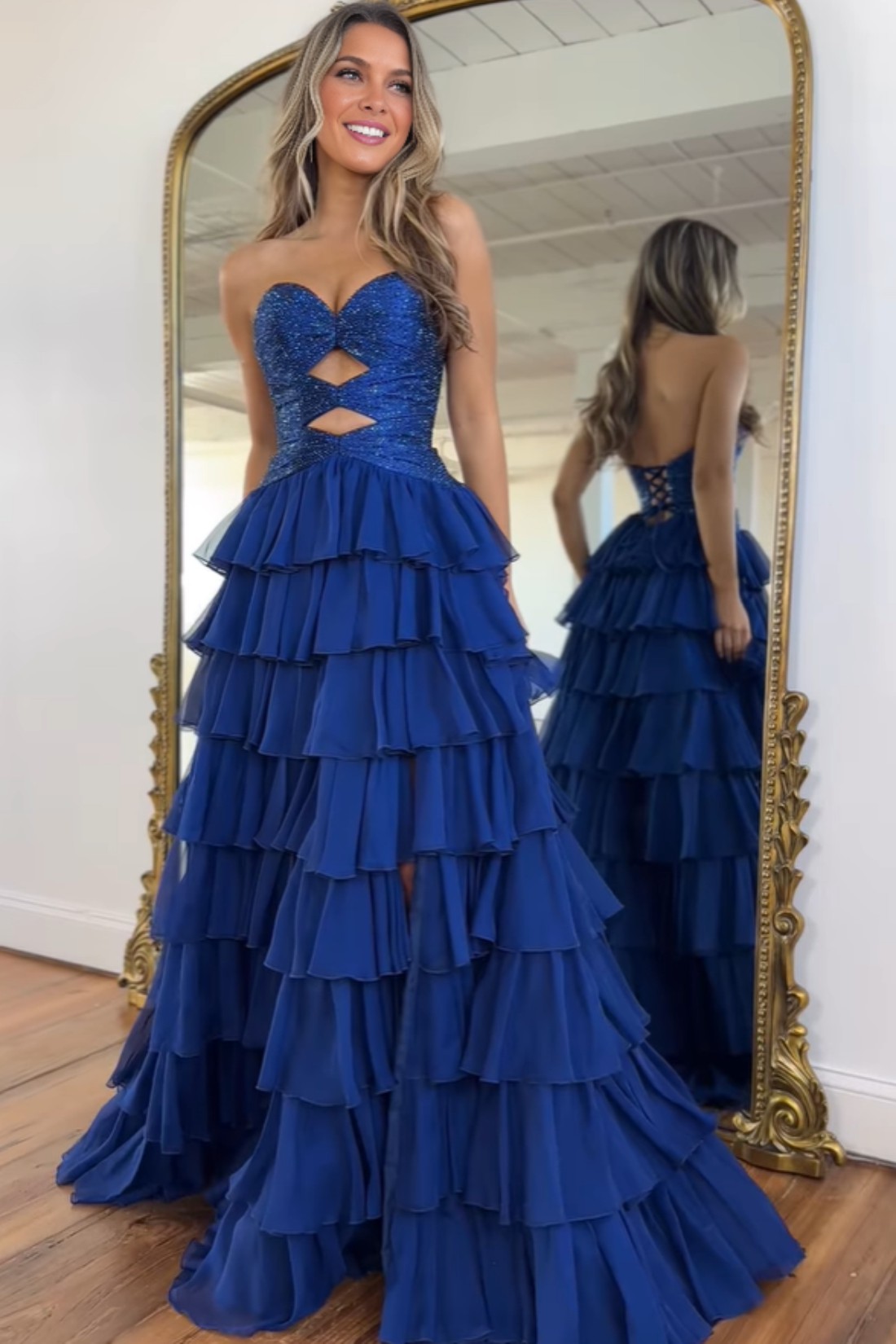 Elegant Sweetheart Royal Blue Strapless Beaded Long Prom Dress With Keyholes