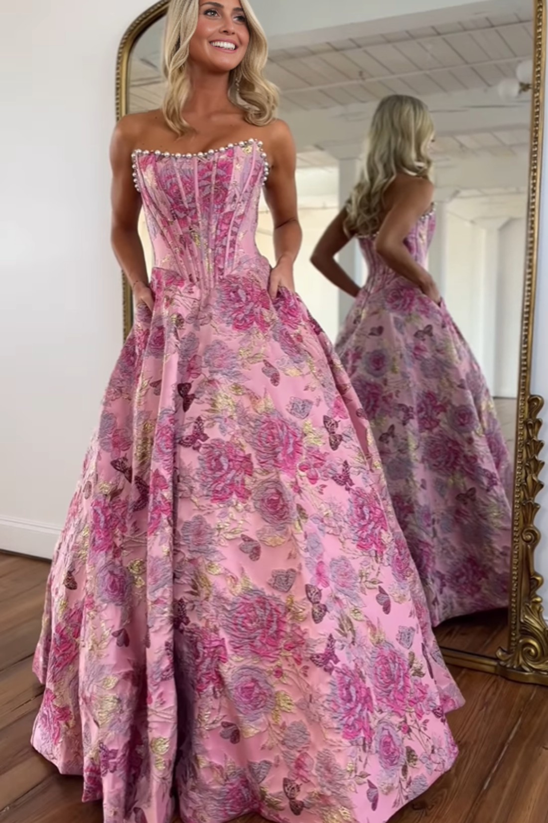 Strapless A line 2.5D Floral Long Prom Dress