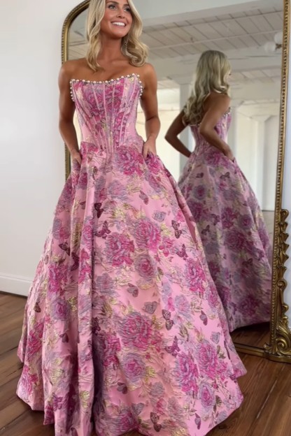 Strapless A line 2.5D Floral Long Prom Dress