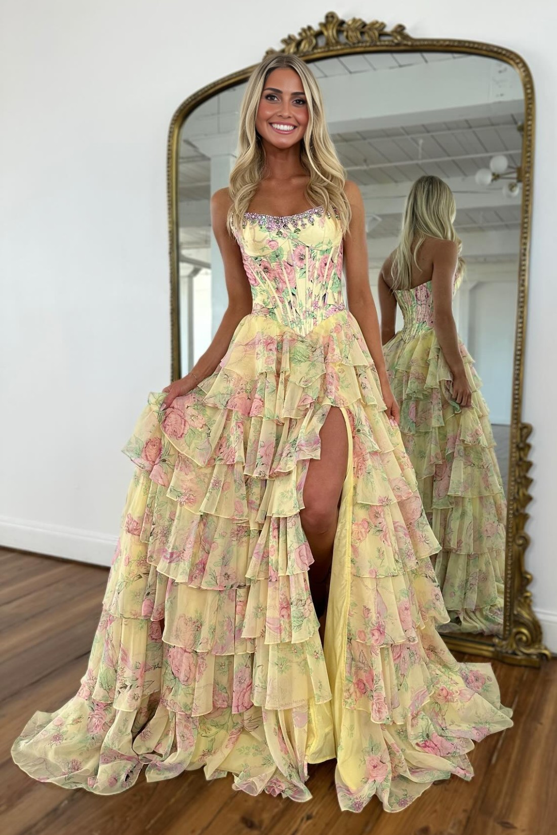 A line Floral Strapless Prom Dress With Slit