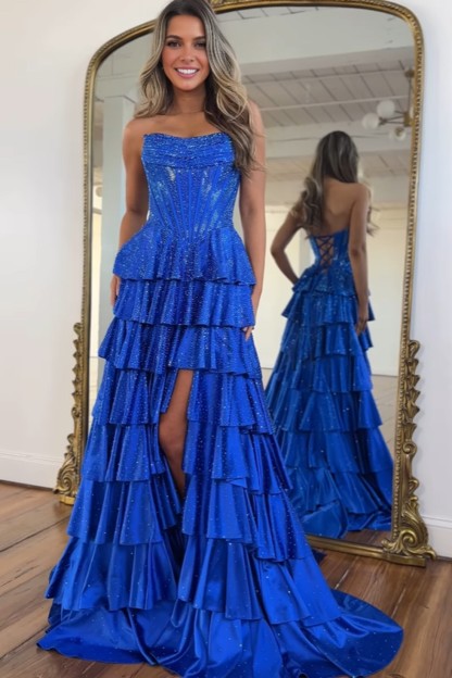 Corset A-line Tiered Strapless Long Prom Dress With Beads