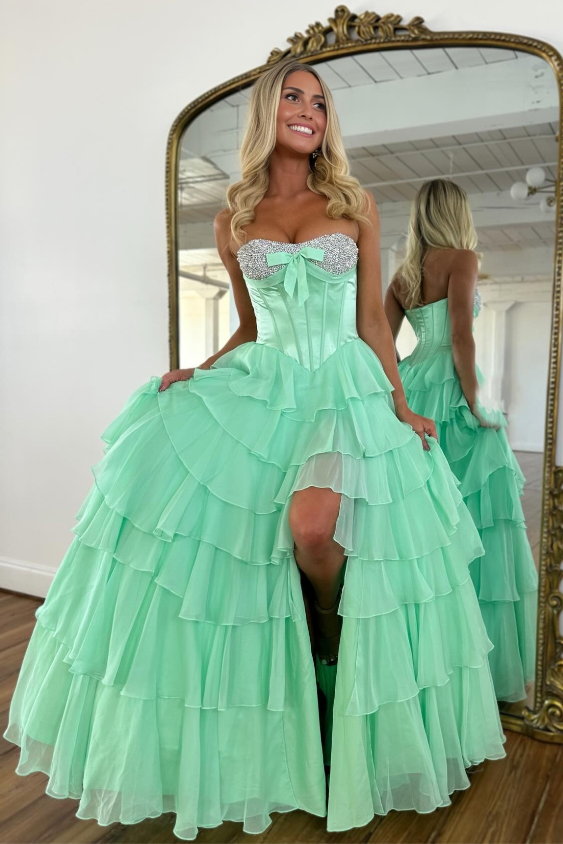 A-line Tiered Strapless Sweetheart Long Prom Dress