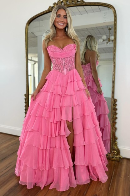 A-line Tiered Sweetheart Strapless Long Prom Dress