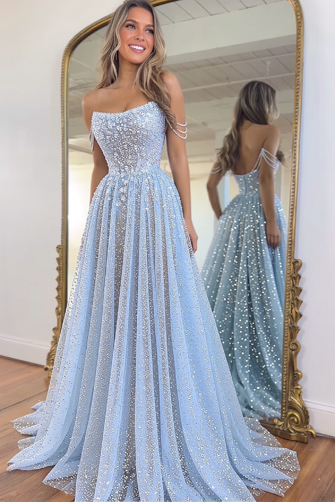 Sparkly Long A-line Sweetheart Sleeveless Sequins Evening Prom Dress