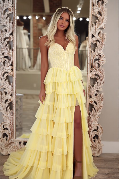 A-line Bodycon Tiered Strapless Long Prom Dress With Beads