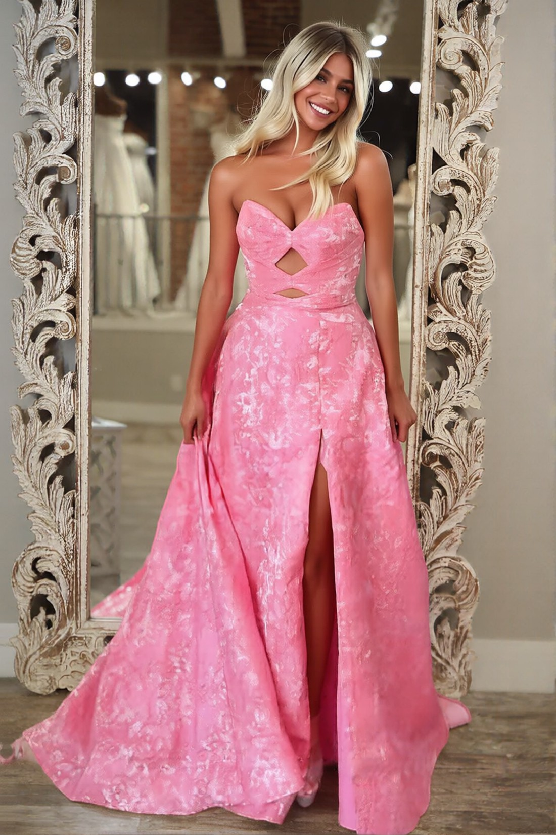 Pink Sweetheart Long Prom Dress With Slit
