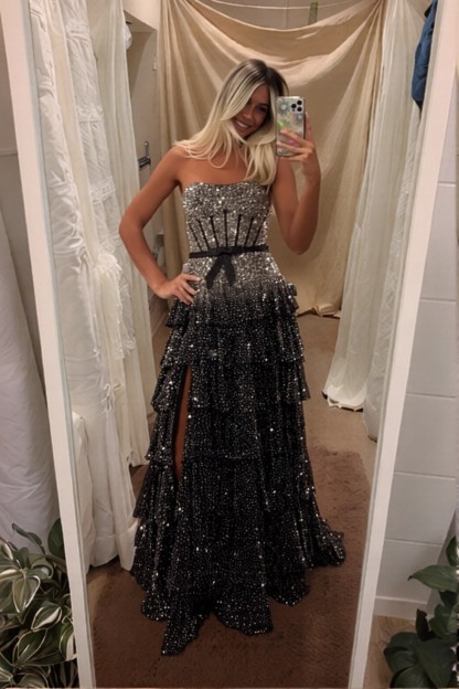 Black Elegant Strapless Beaded Long Prom Dress