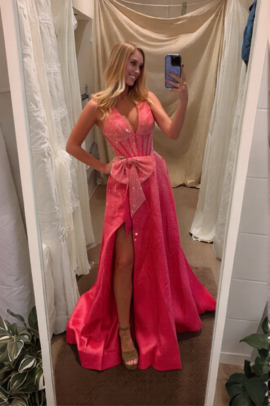 Sexy V Neck Split Long Prom Dress With Beads
