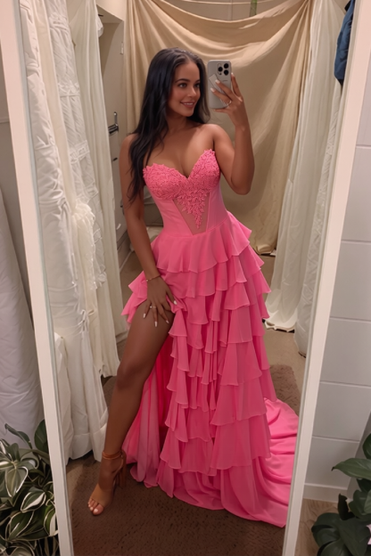 Tiered Sexy Pink Sweetheart Long Prom Dress Appliques