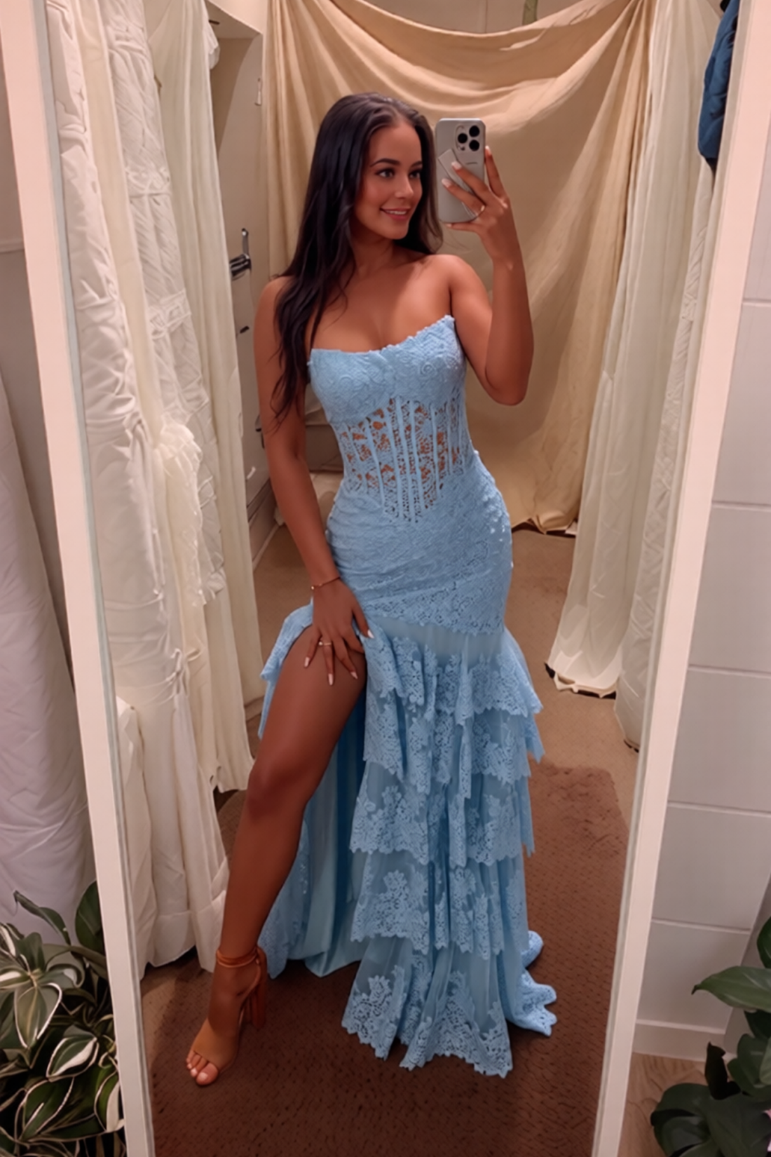 Mermaid Ruffles Blue Strapless Long Prom Dress