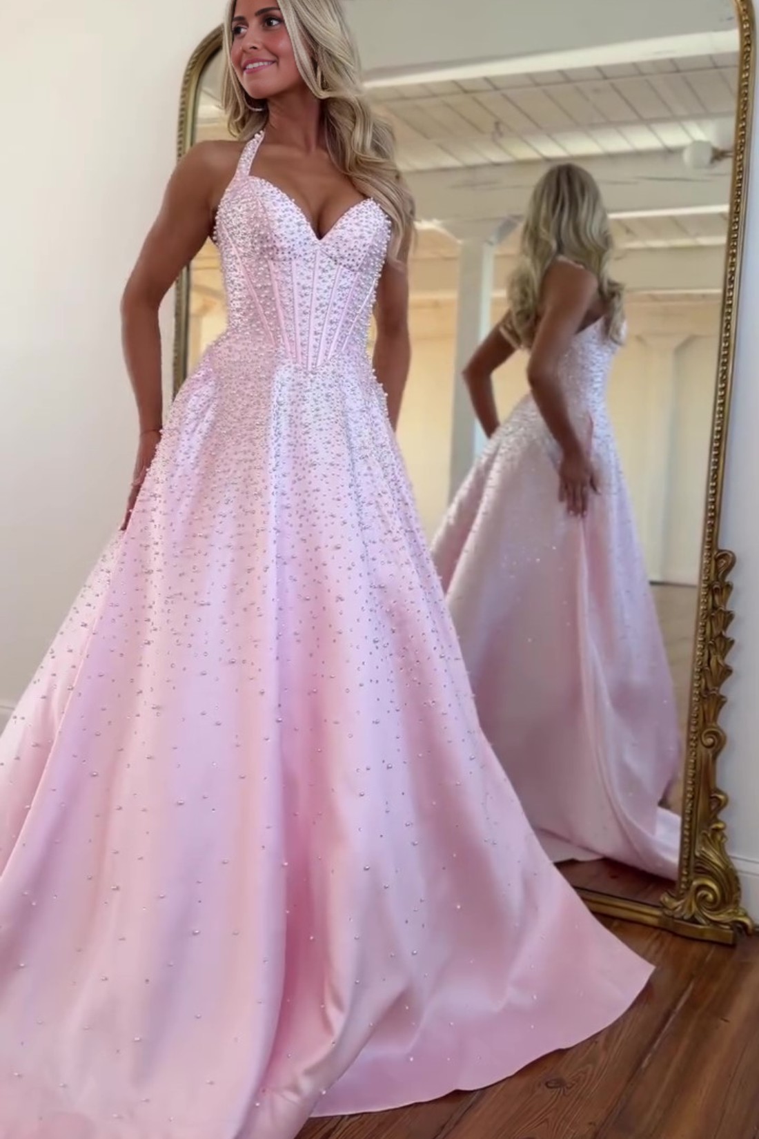 A-line Halter Sweetheart Long Prom Dress With Beads