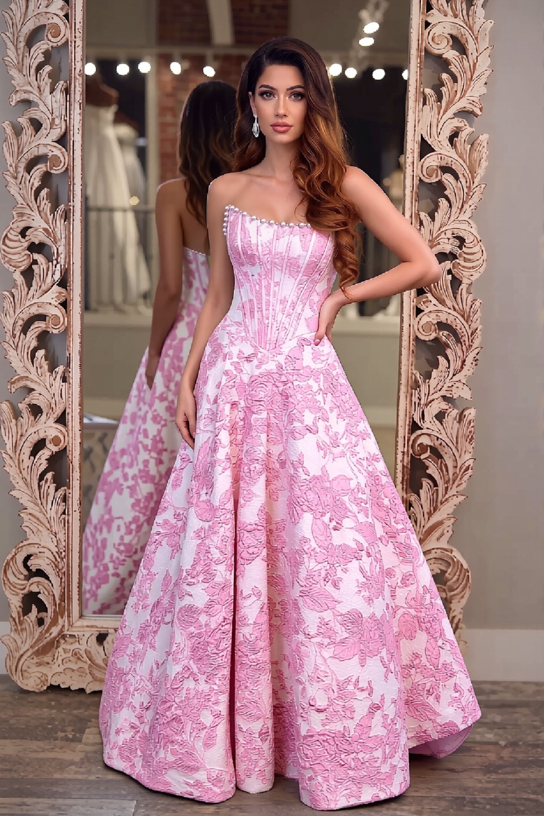 Strapless A line 3D Floral Long Prom Dress