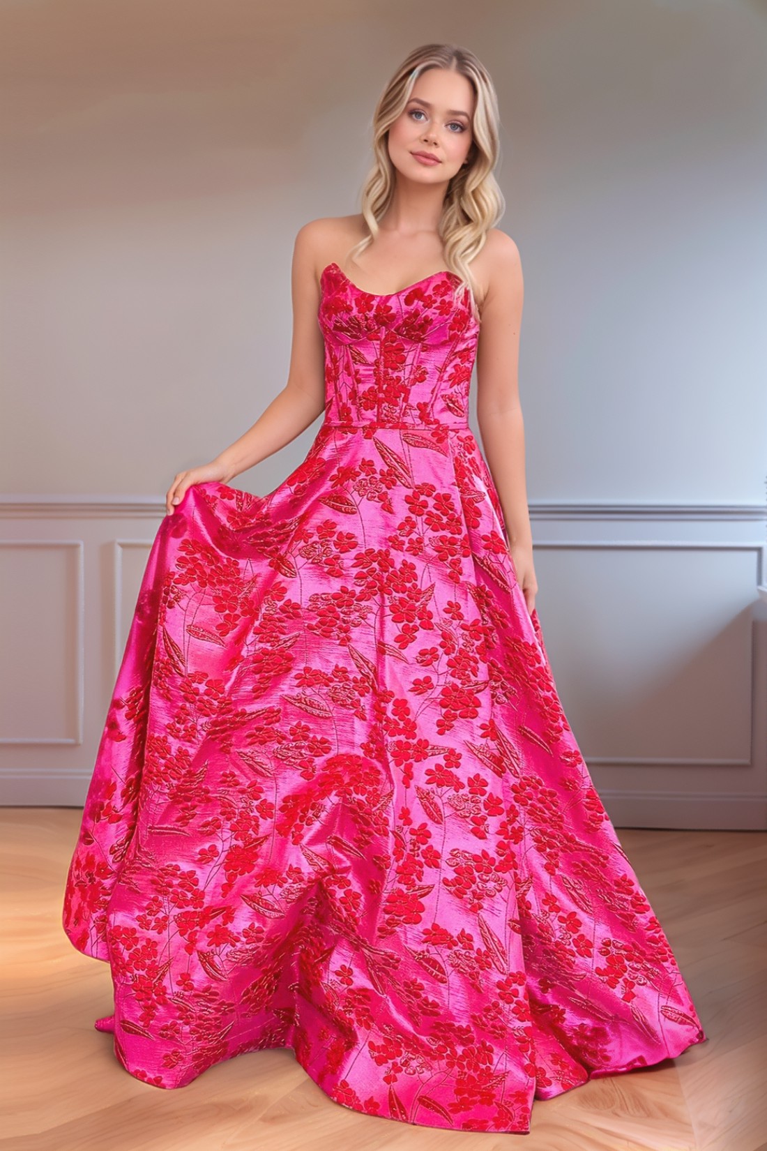A line Strapless Sweetheart Prom Dress With 3D Floral
