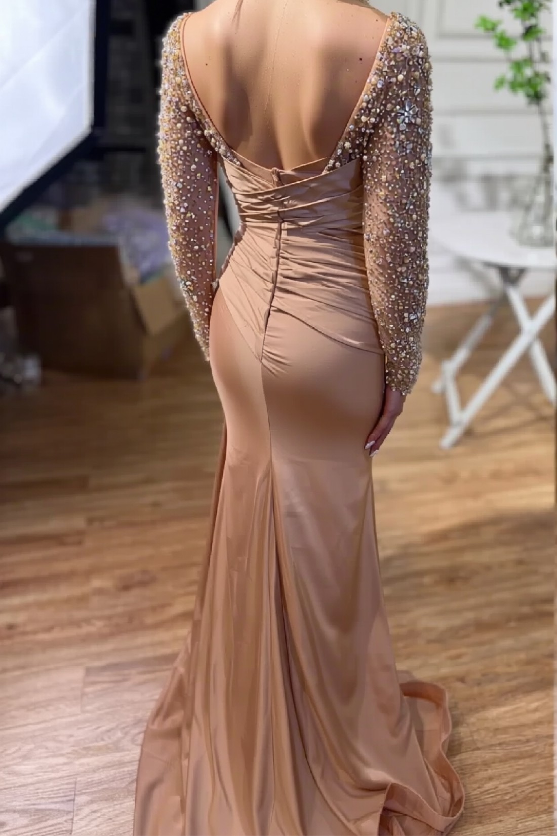 Champagne Long Mermaid Sweetheart Satin Sleeves Formal Prom Dress with Pearls