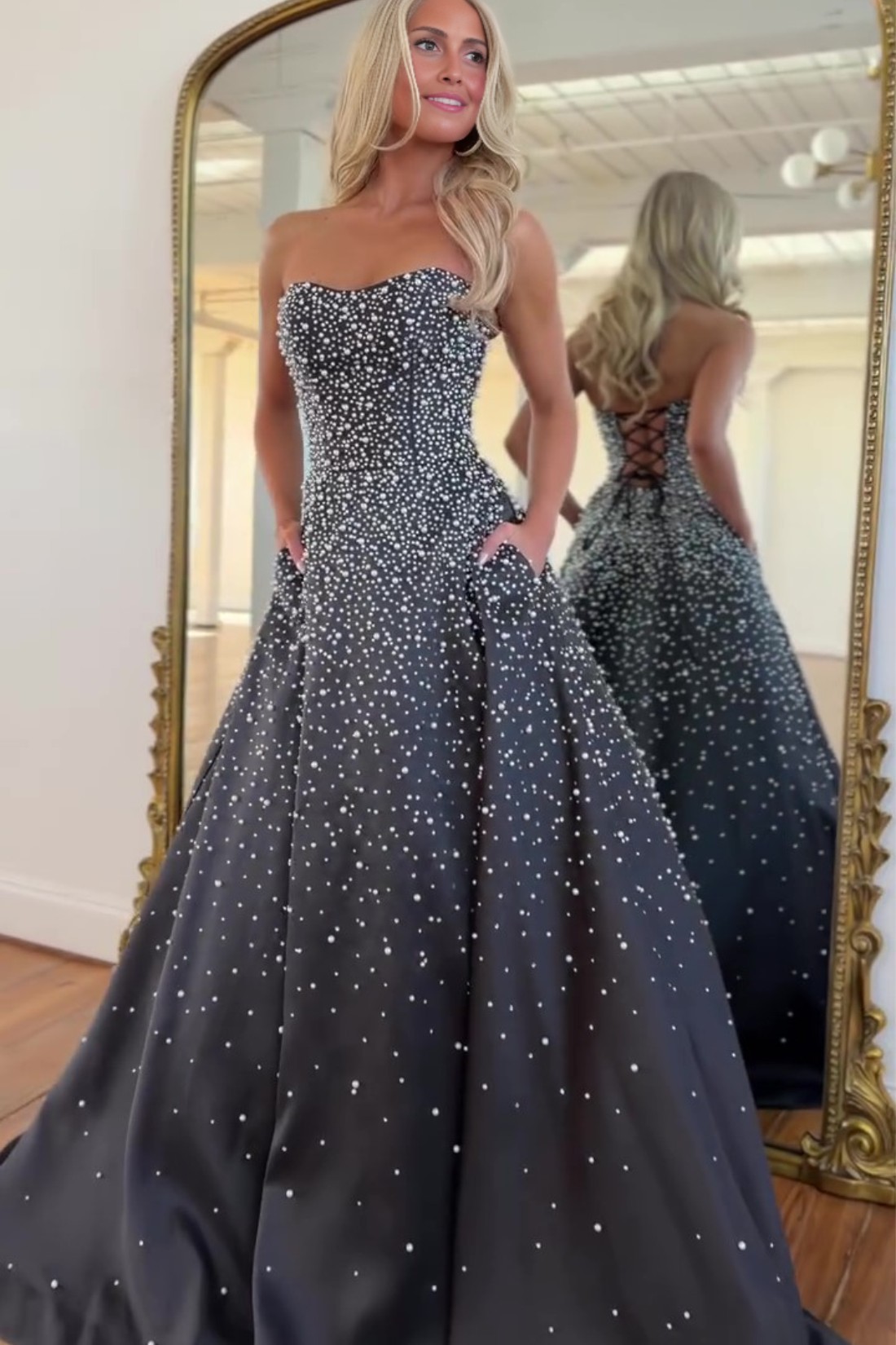 A-line Strapless Sweetheart Long Prom Dress With Pearls