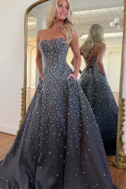 A-line Strapless Sweetheart Long Prom Dress With Pearls