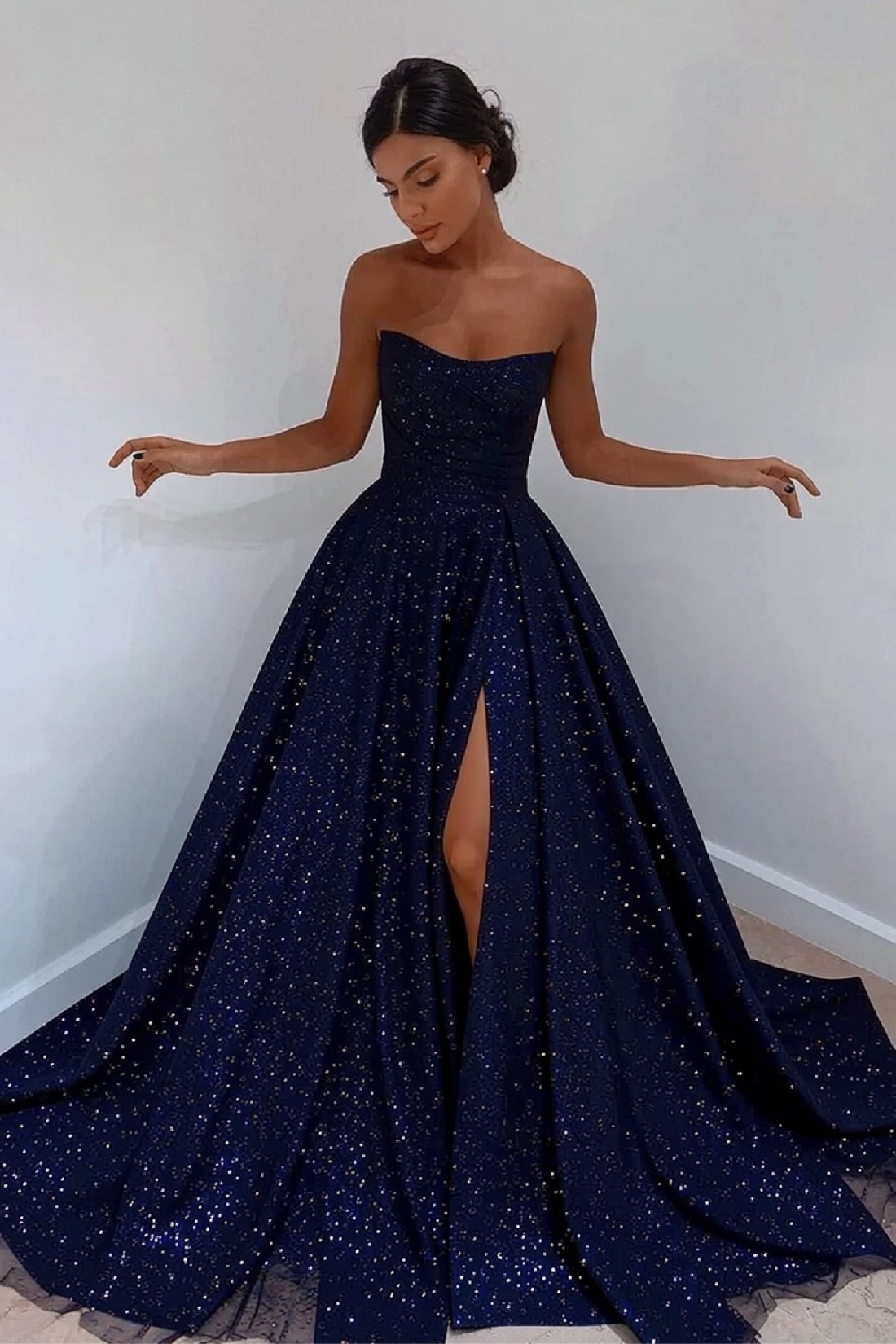 A-line Navy Prom Dress With Slit