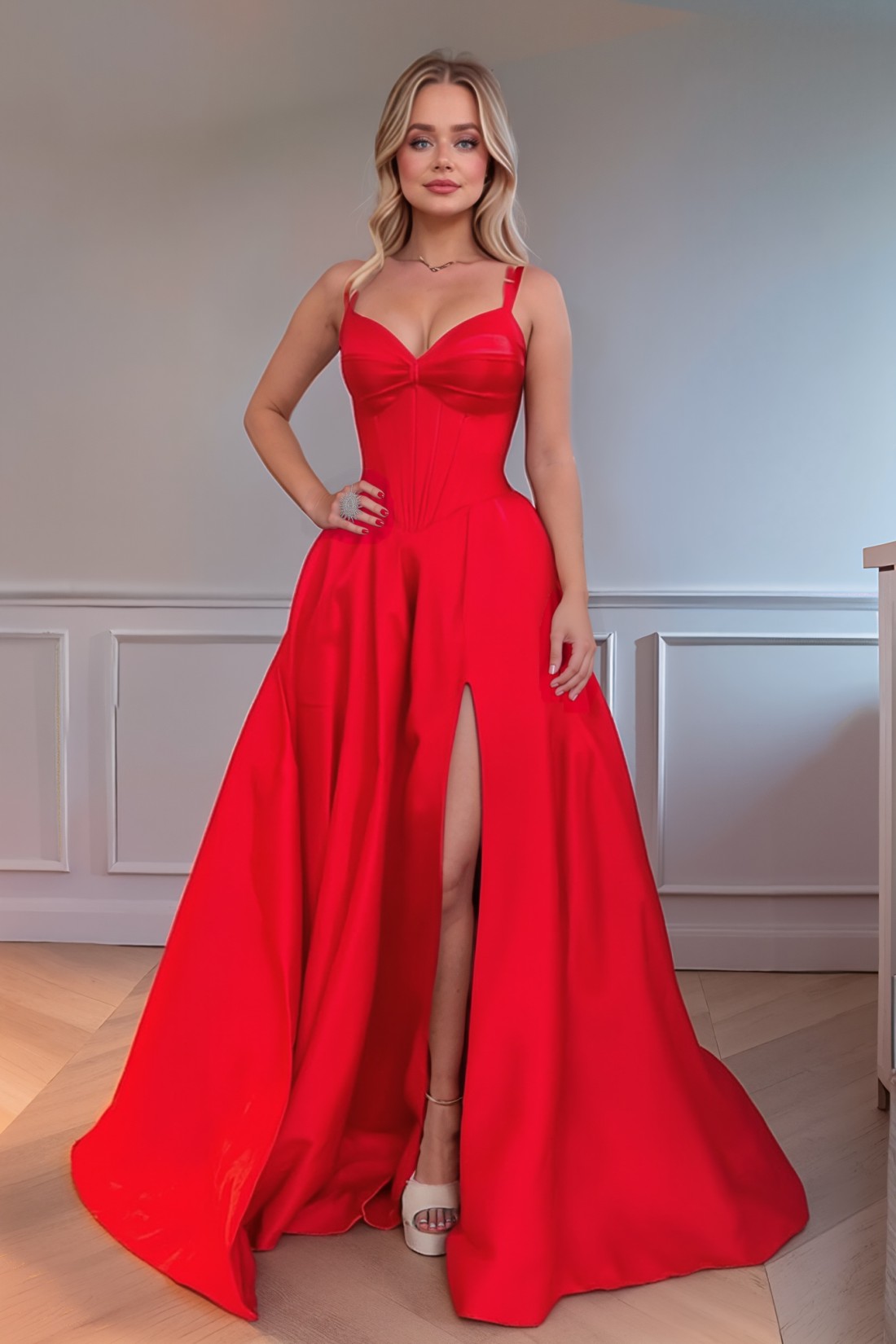 A line Spaghetti Straps Sweetheart Prom Dress With Slit