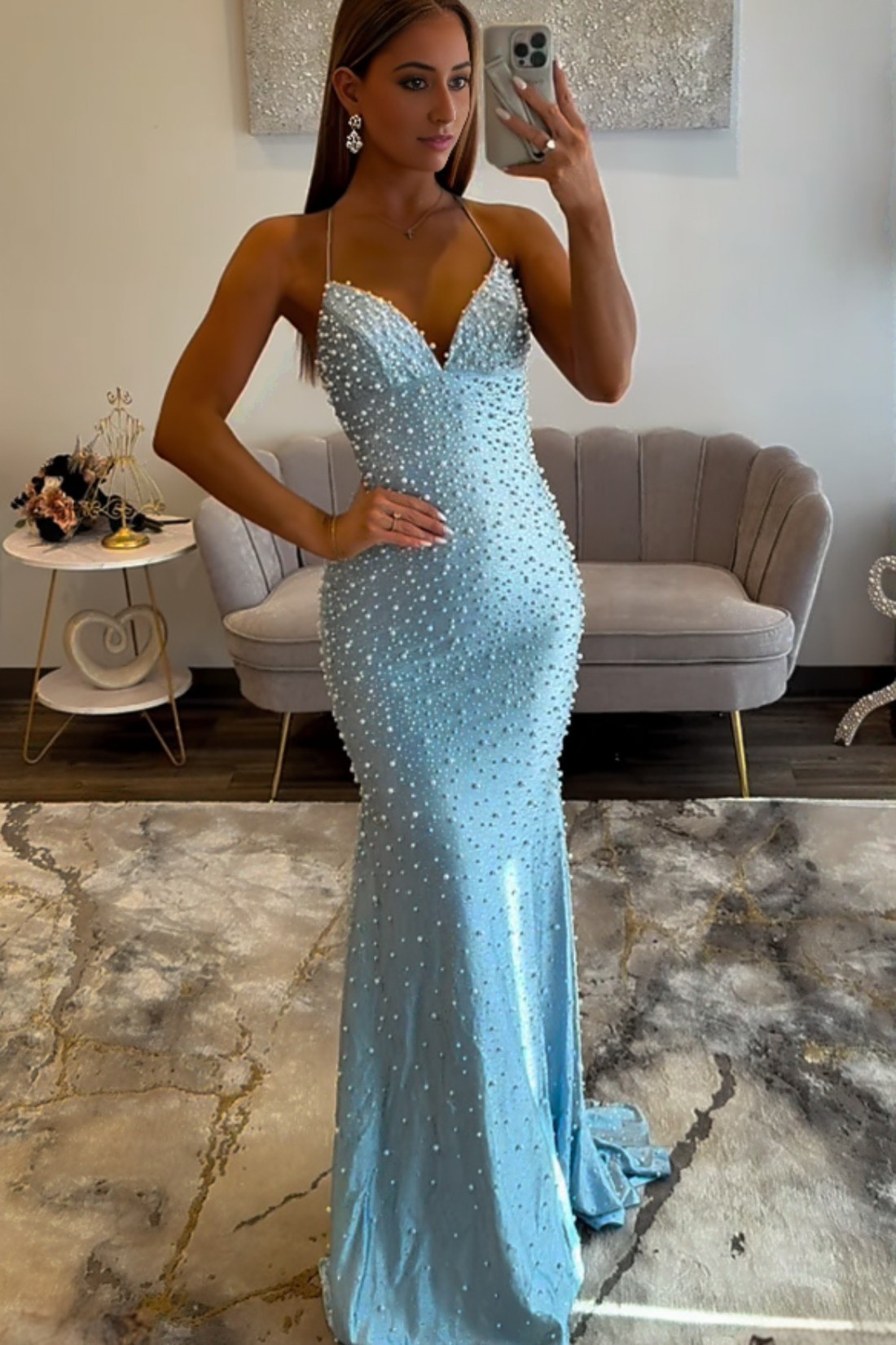 Black V Neck Spaghetti Straps Mermaid Long Prom Dress With Pearls