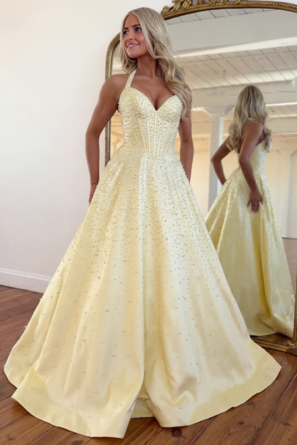 A-line Halter Sweetheart Long Prom Dress With Beads