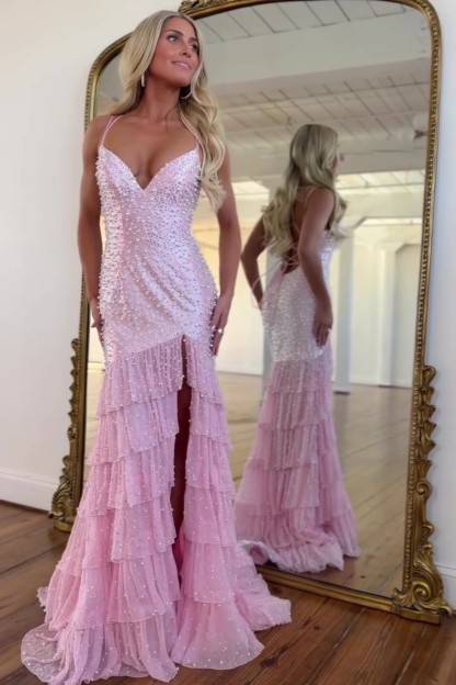 Sweetheart Spaghetti Straps Pearls Mermaid Long Prom Dress With Ruffles