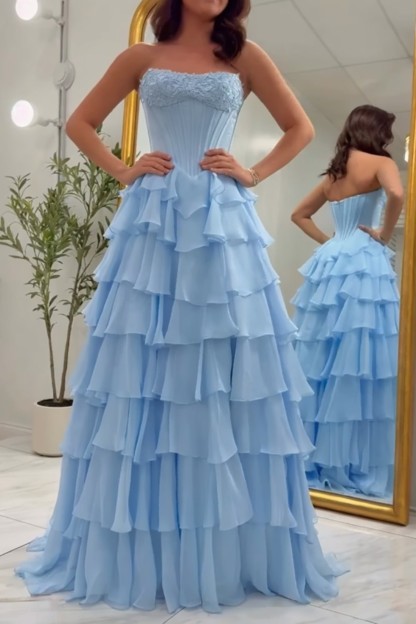 A-line Strapless Corest Ruffles Long Prom Dress