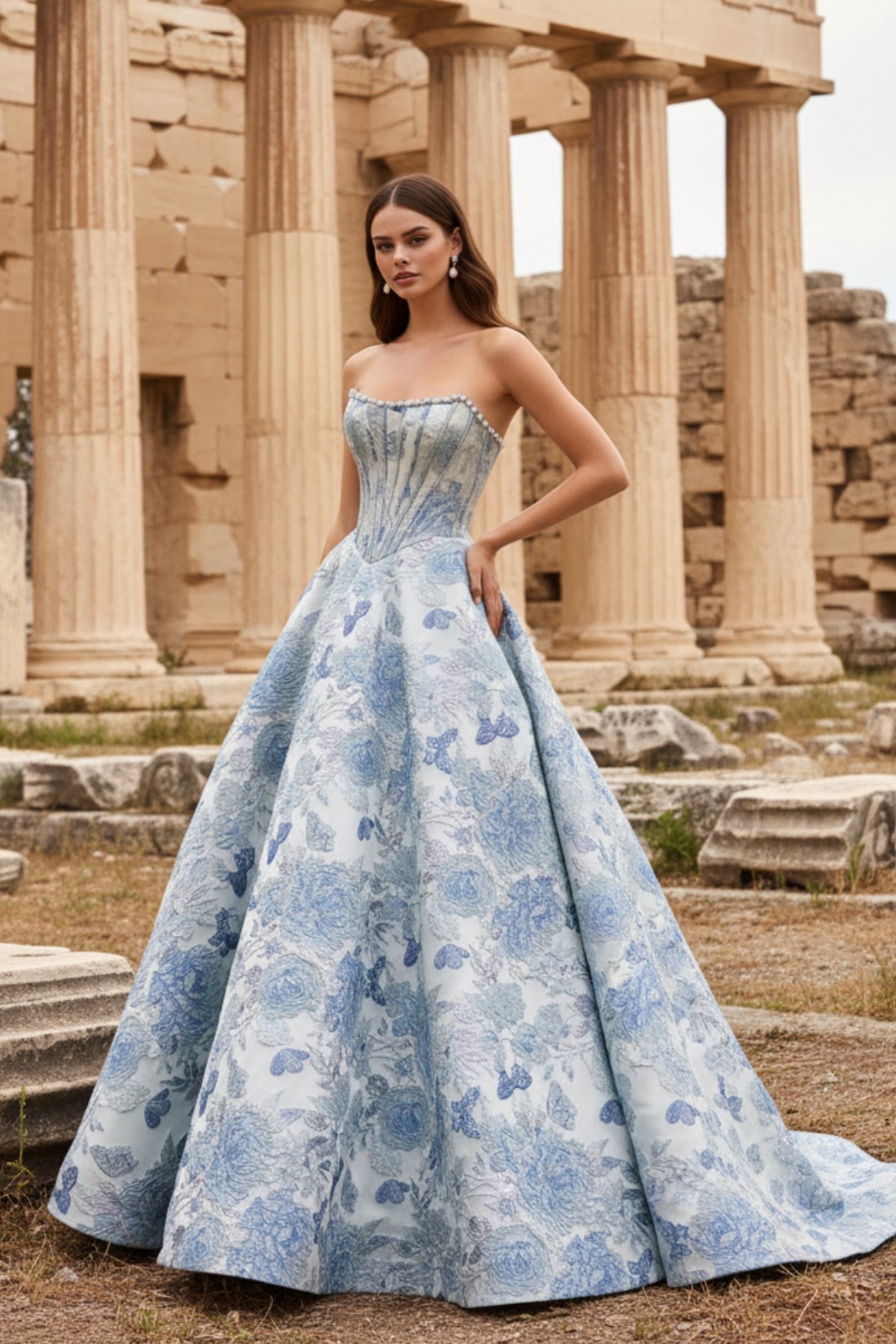 Strapless A line 2.5D Floral Long Prom Dress With Pearls