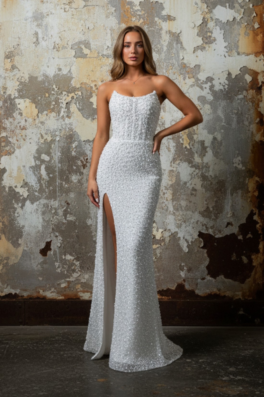 Split Mermaid Sheath Strapless Long Prom Dress With Beads