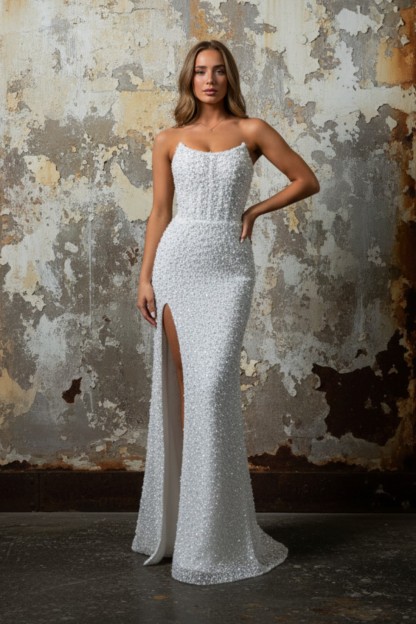 Split Mermaid Sheath Strapless Long Prom Dress With Beads