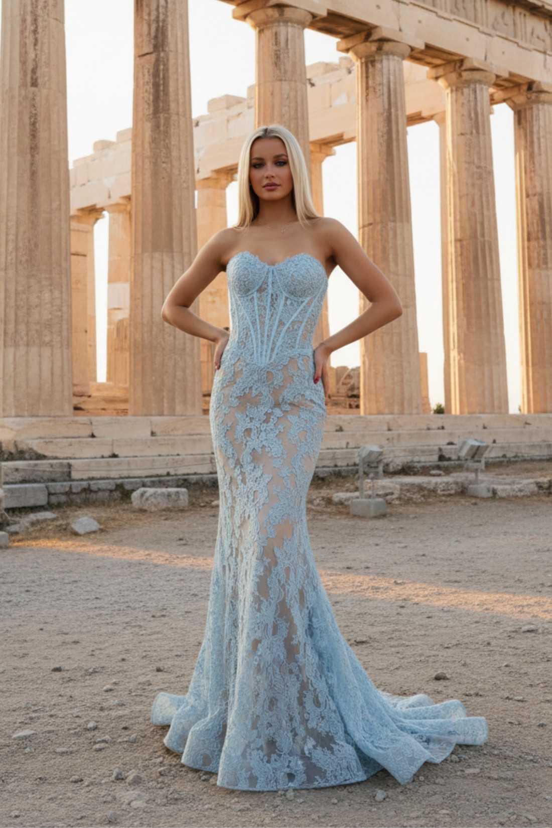 Mermaid Light Blue Appliques Long Prom Dress