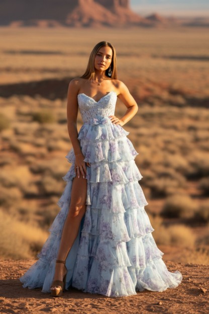 Sweetheart Light Purple Mermaid Tiered Floral Long Prom Dress