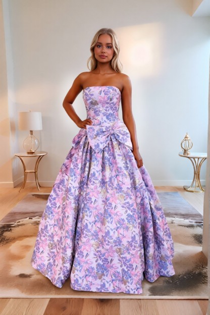 A line Pleating Strapless Prom Dress WIth Bow
