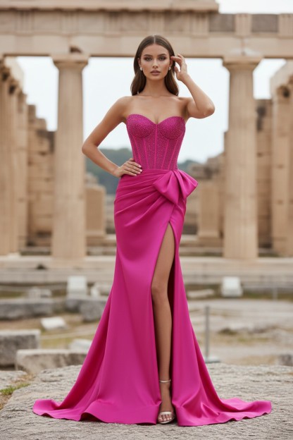 Mermaid Pink Sheath Strapless Sweetheart Long Prom Dress With Beads