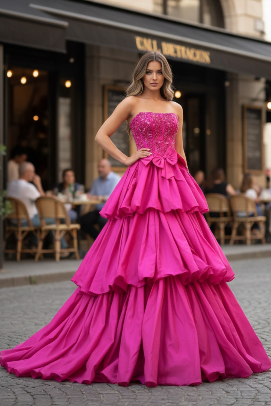 A line Tiered Elegant Hot Pink Strapless Long Prom Dress