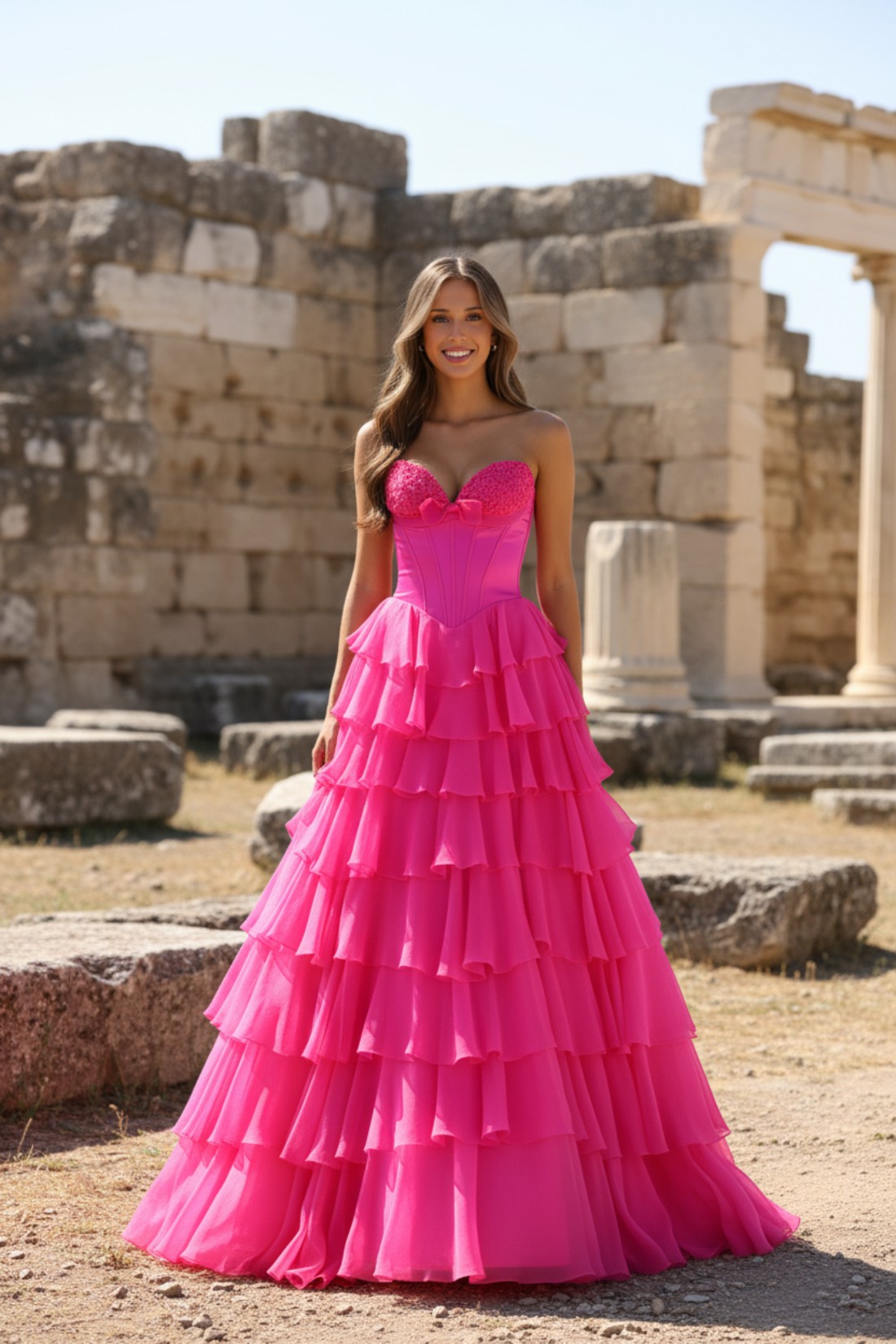 A line Tiered Strapless Sweetheart Long Prom Dress