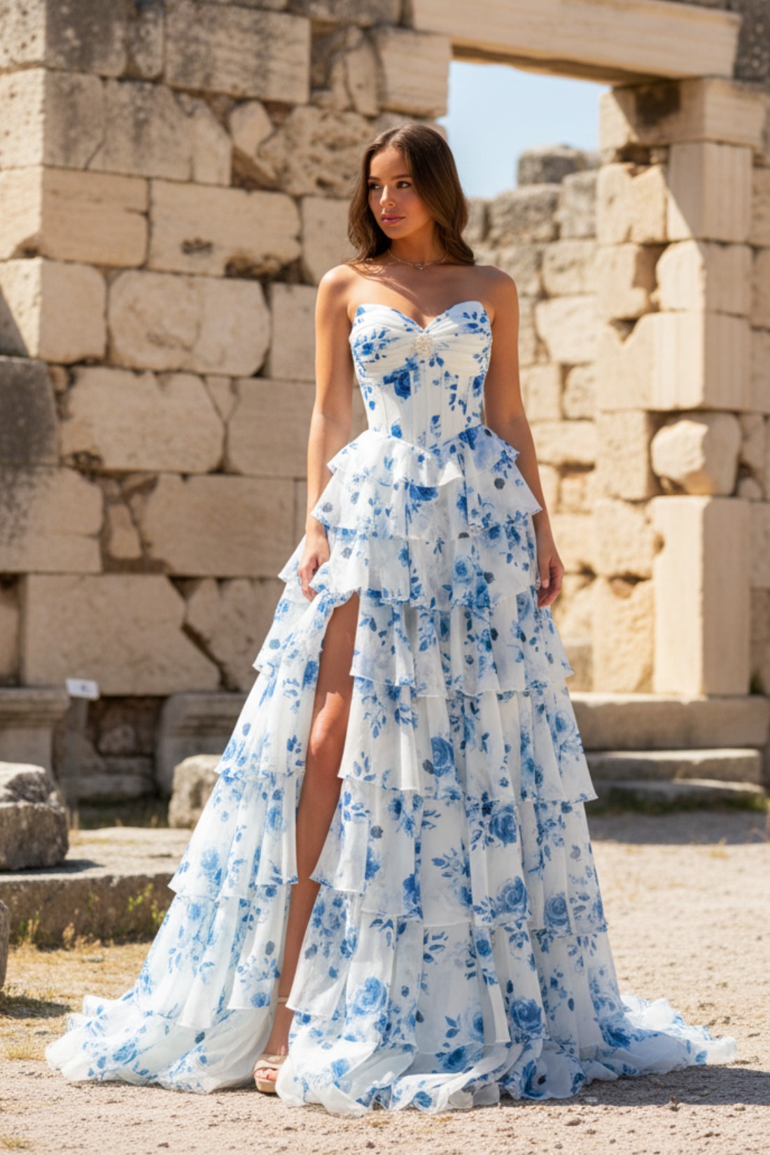 A-Line Sweetheart Blue And White Porcelain Strapless Tiered Long Prom Dress