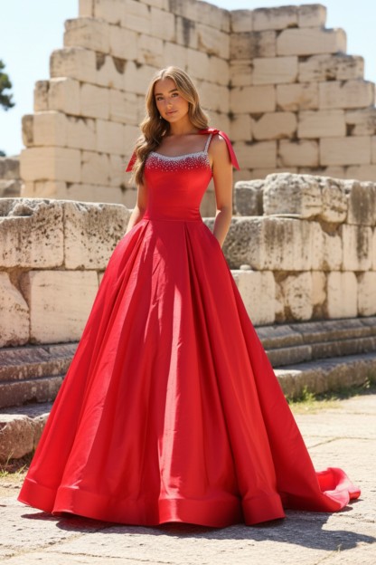 A line Spaghetti Straps Long Prom Dress With Beads