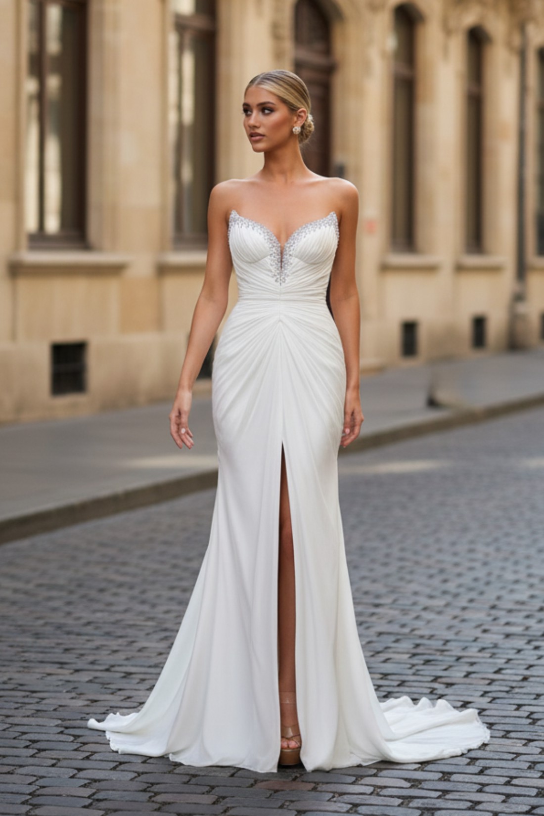 White Swan Strapless Mermaid Long Prom Dress With Slit