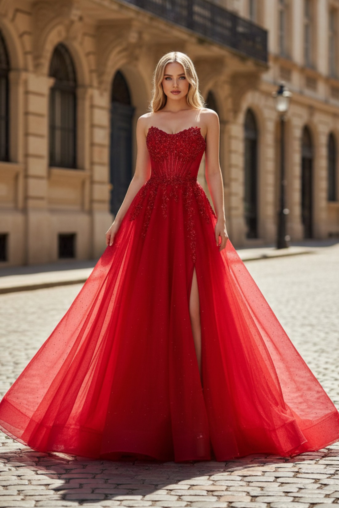 A line Slit Long Sweetheart Strapless Prom Dresses With Appliques