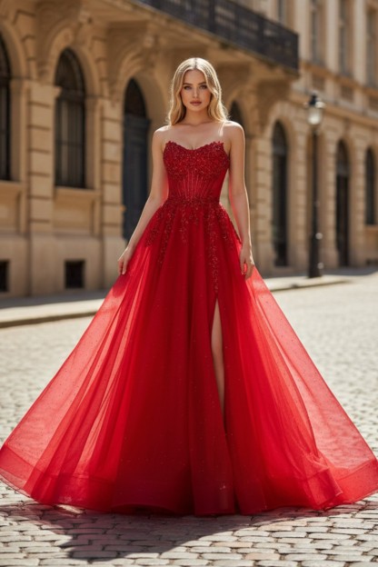 A line Slit Long Sweetheart Strapless Prom Dresses With Appliques