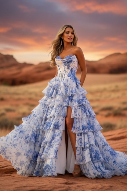 Sweetheart Strapless Silk Chiffon Corset Floral Prom Dress