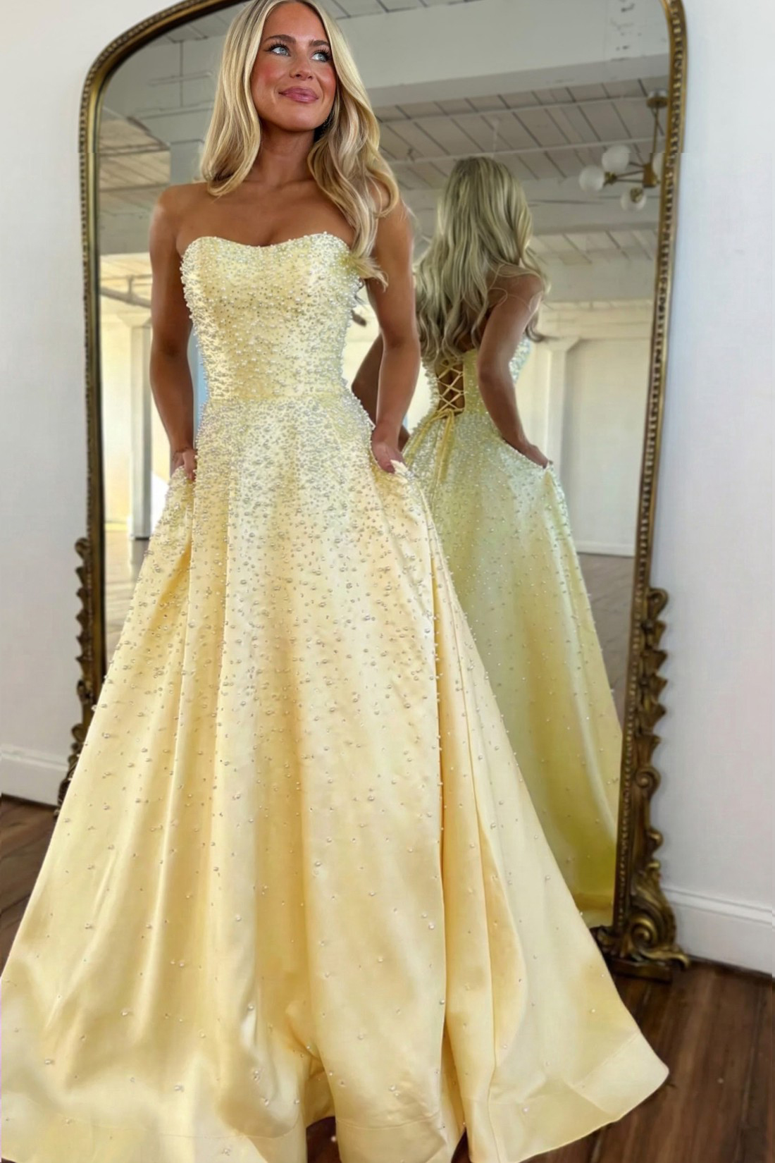 Yellow Strapless A-line Sweetheart Long Prom Dress With Pearls