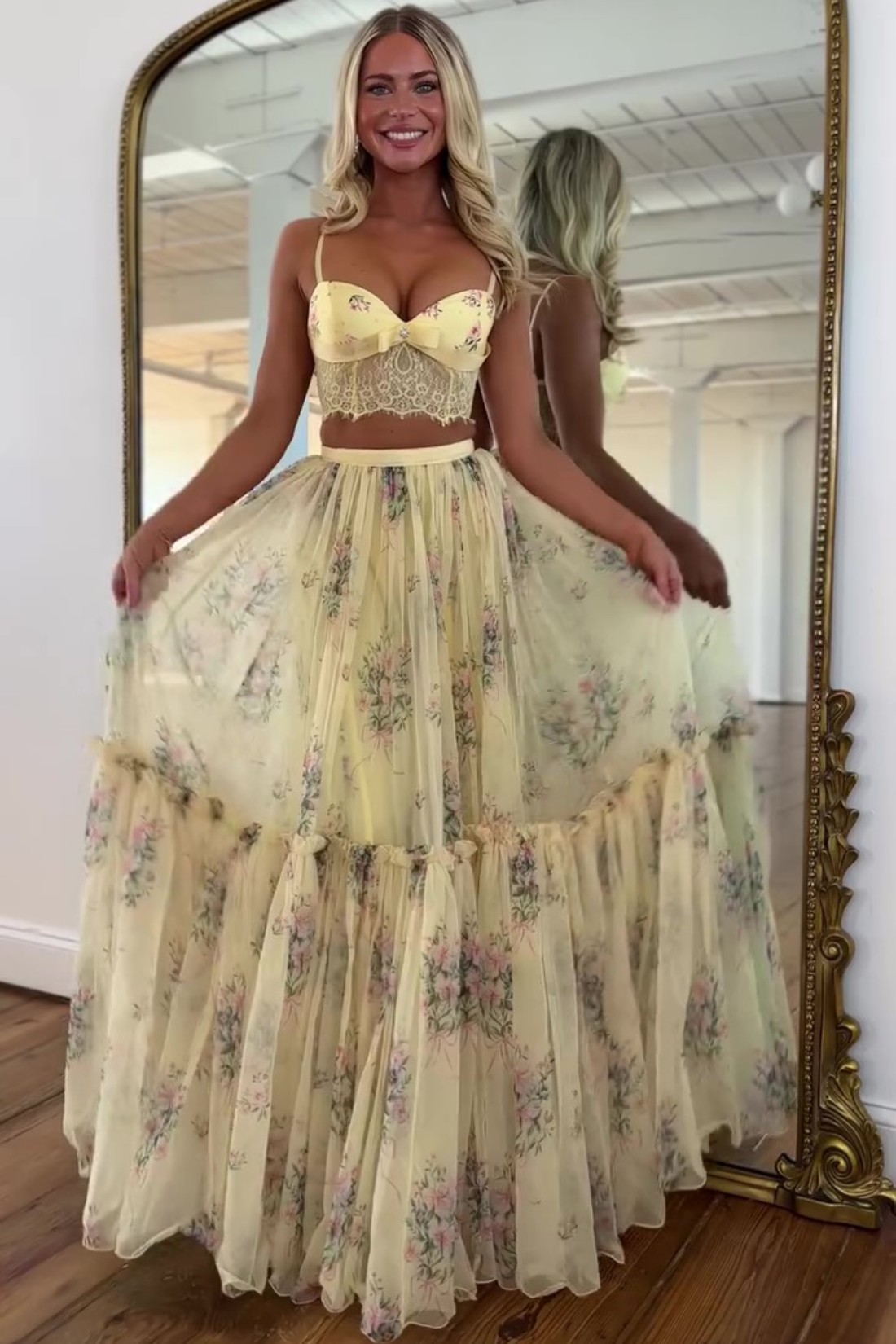 A-line Floral Sweetheart Two Piece Prom Dress