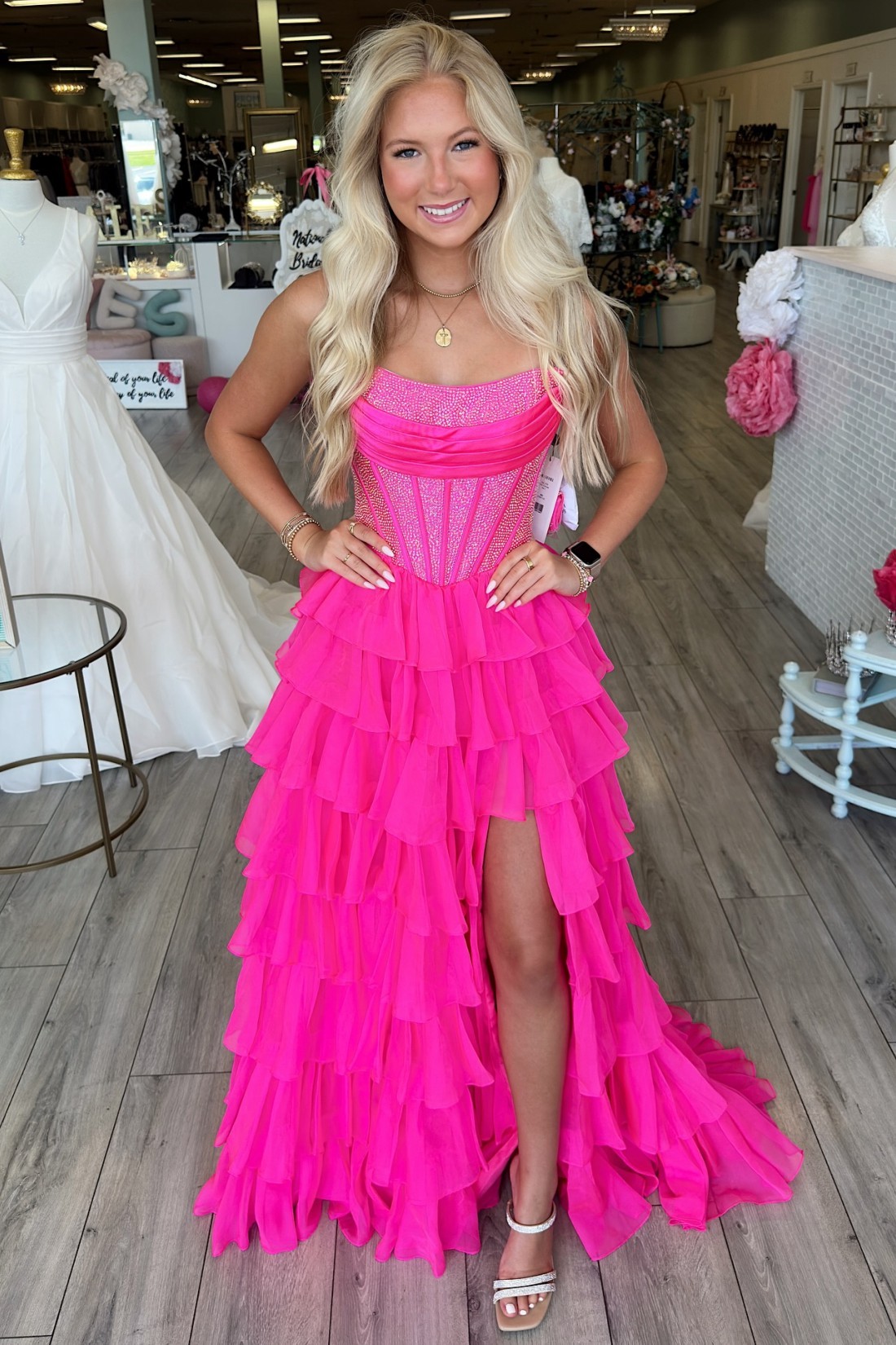 Corset Tiered A line Strapless Long Prom Dress With Beads